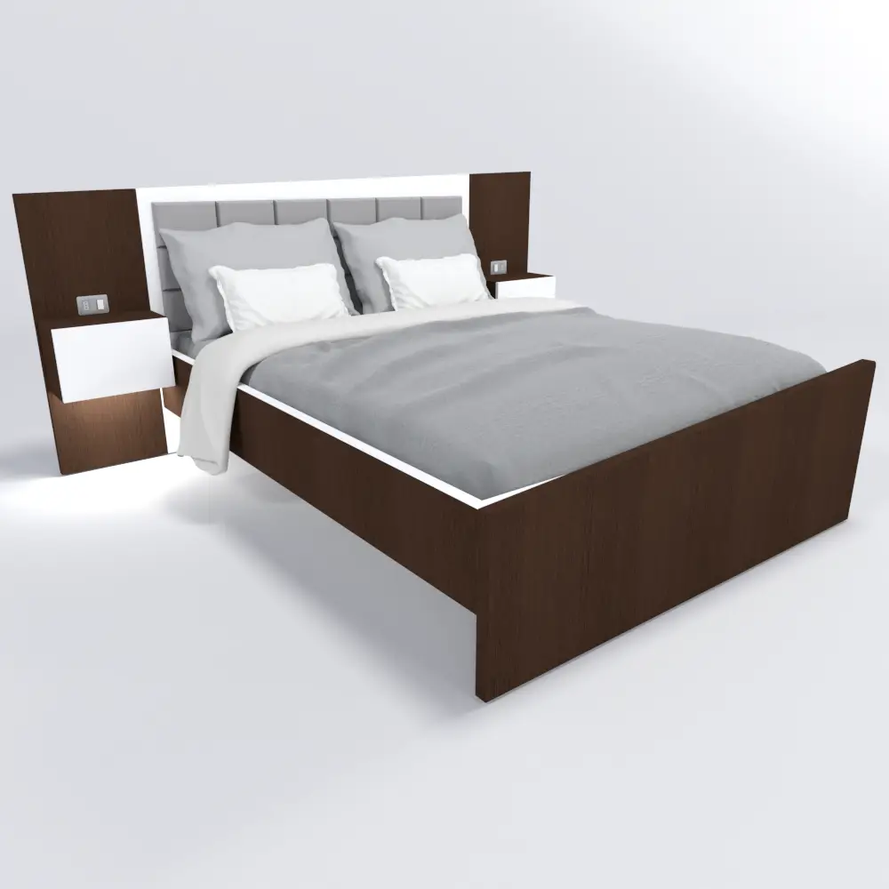 Diseño de cama moderna con respaldo y veladores integrados