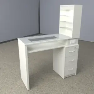 Mesa manicure blanca con vidrio, cajonera e iluminación LED