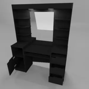 Mueble de barbería negro con espejo e iluminación LED