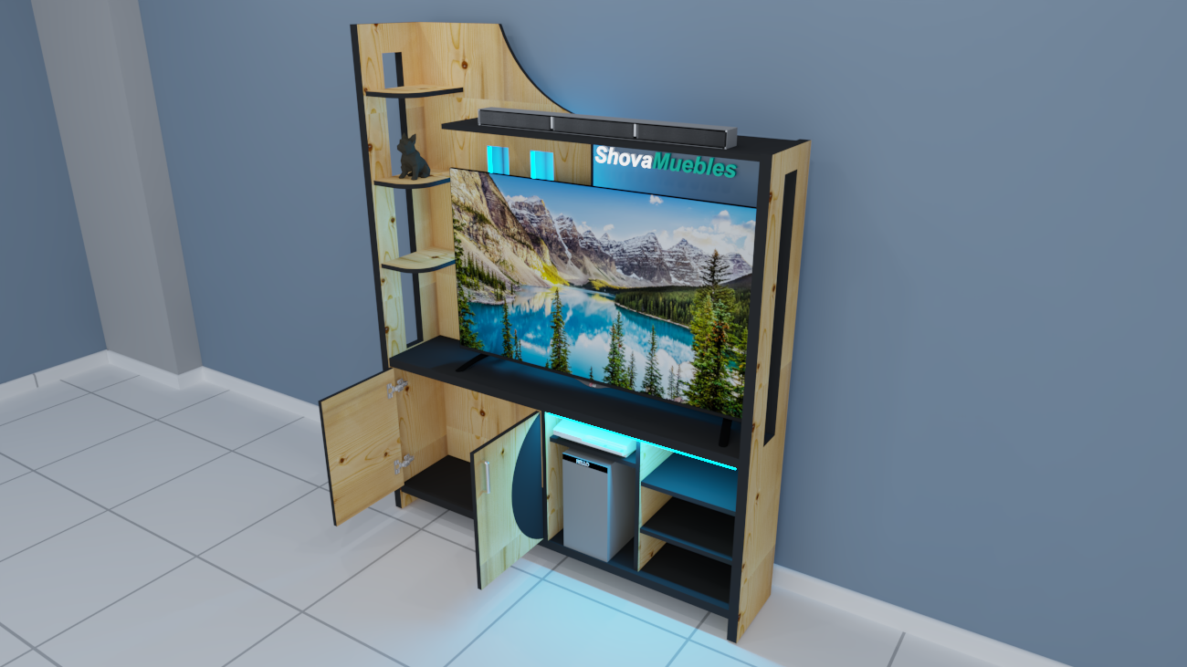 Diseño de rack de TV a medida con iluminación y almacenamiento
